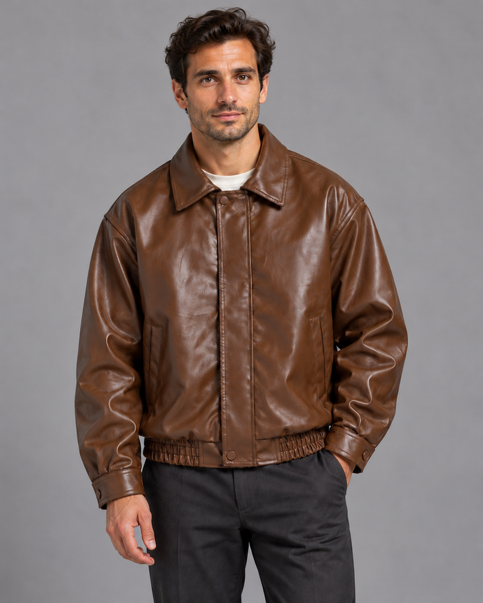 Men's Faux Leather Bomber Jacket - Ribbed Cuffs Zip Pockets Casual - Brown - front view