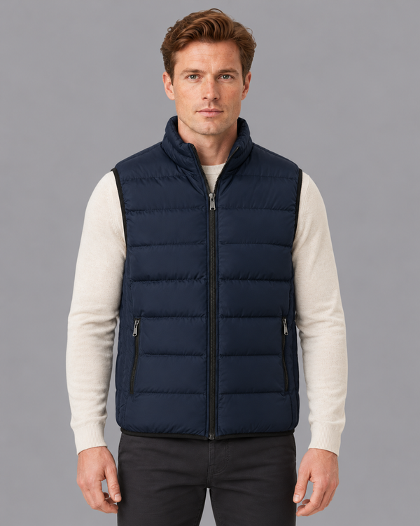 Men's Gilet - Quilted Lightweight Padded Full Zip Side Pockets - Navy - front view