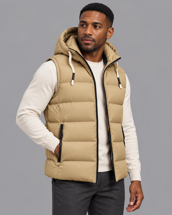 Men's Hooded Gilet - Padded Adjustable Hood Full Zip Insulated Layer - Khaki - three-quarter view