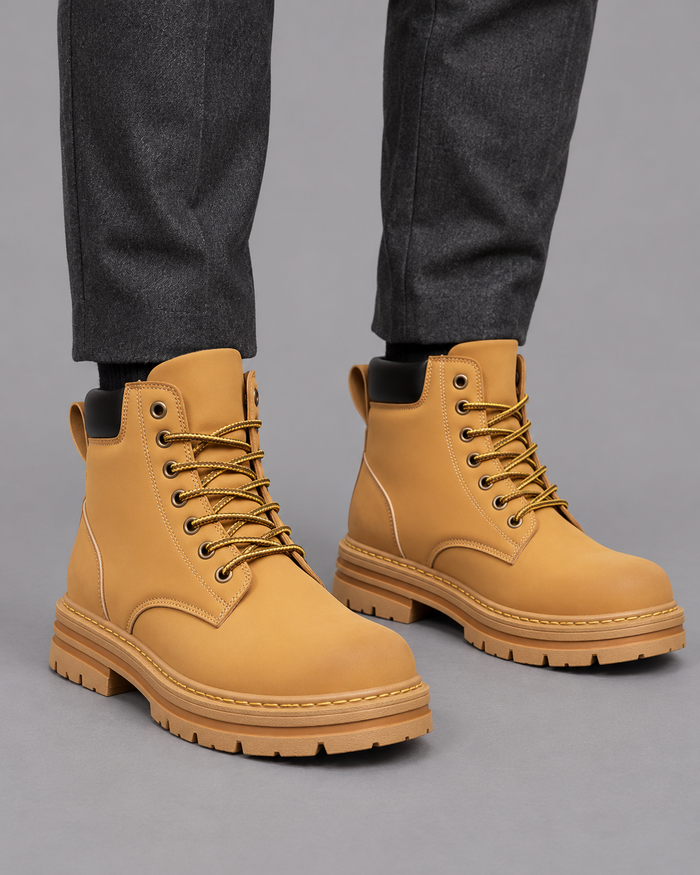 Men's Lace Up Boots - Leather Non Slip Sole Padded Insole Smart Casual - Brown - front view