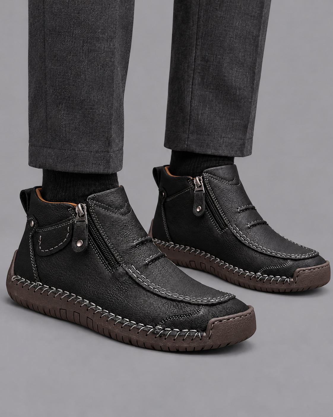 Men's Leather Boots - Side Zip Ergonomic Padded Insole Smart Casual - Black - front view