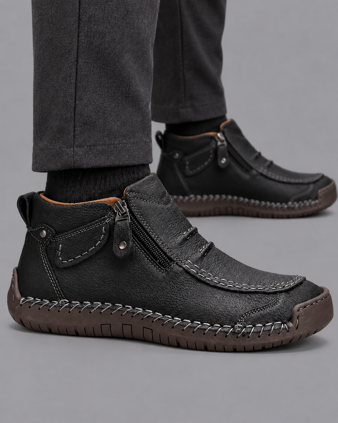 Men's Leather Boots - Side Zip Ergonomic Padded Insole Smart Casual - Black - side profile
