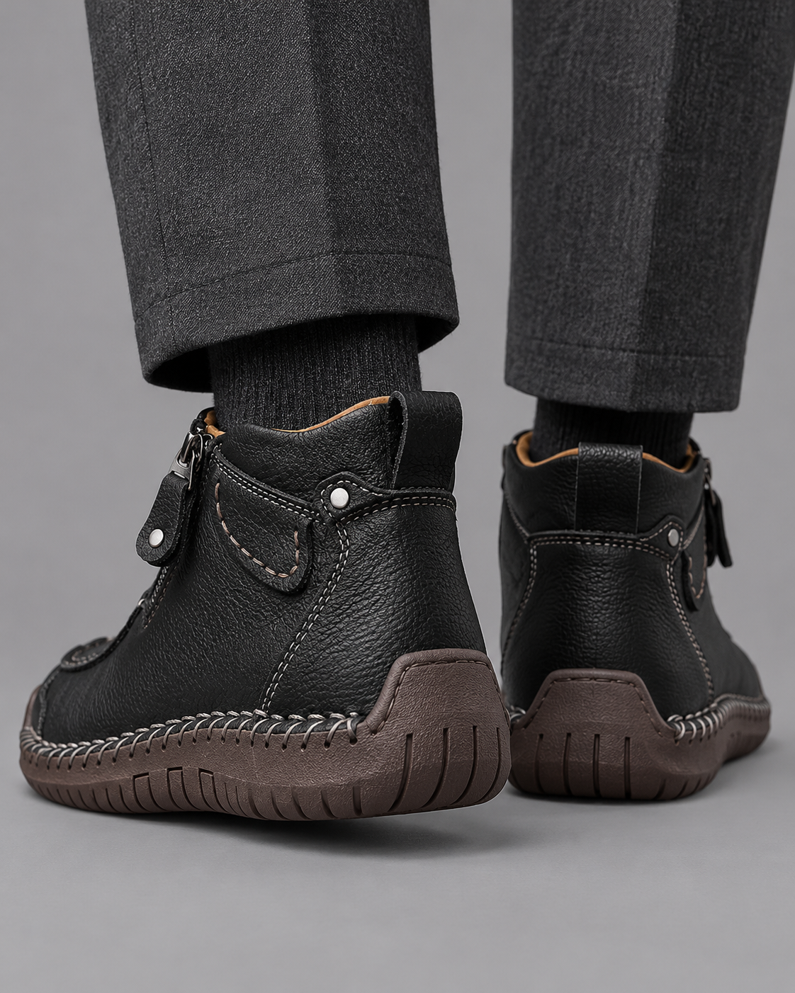 Men's Leather Boots - Side Zip Ergonomic Padded Insole Smart Casual - Black - back view