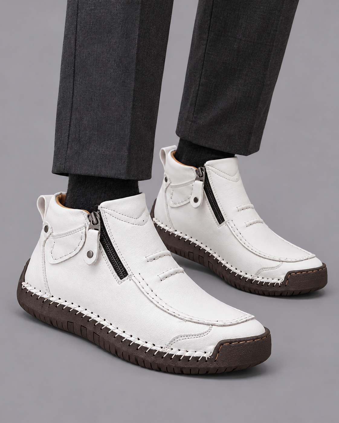 Men's Leather Boots - Side Zip Ergonomic Padded Insole Smart Casual - White - front view