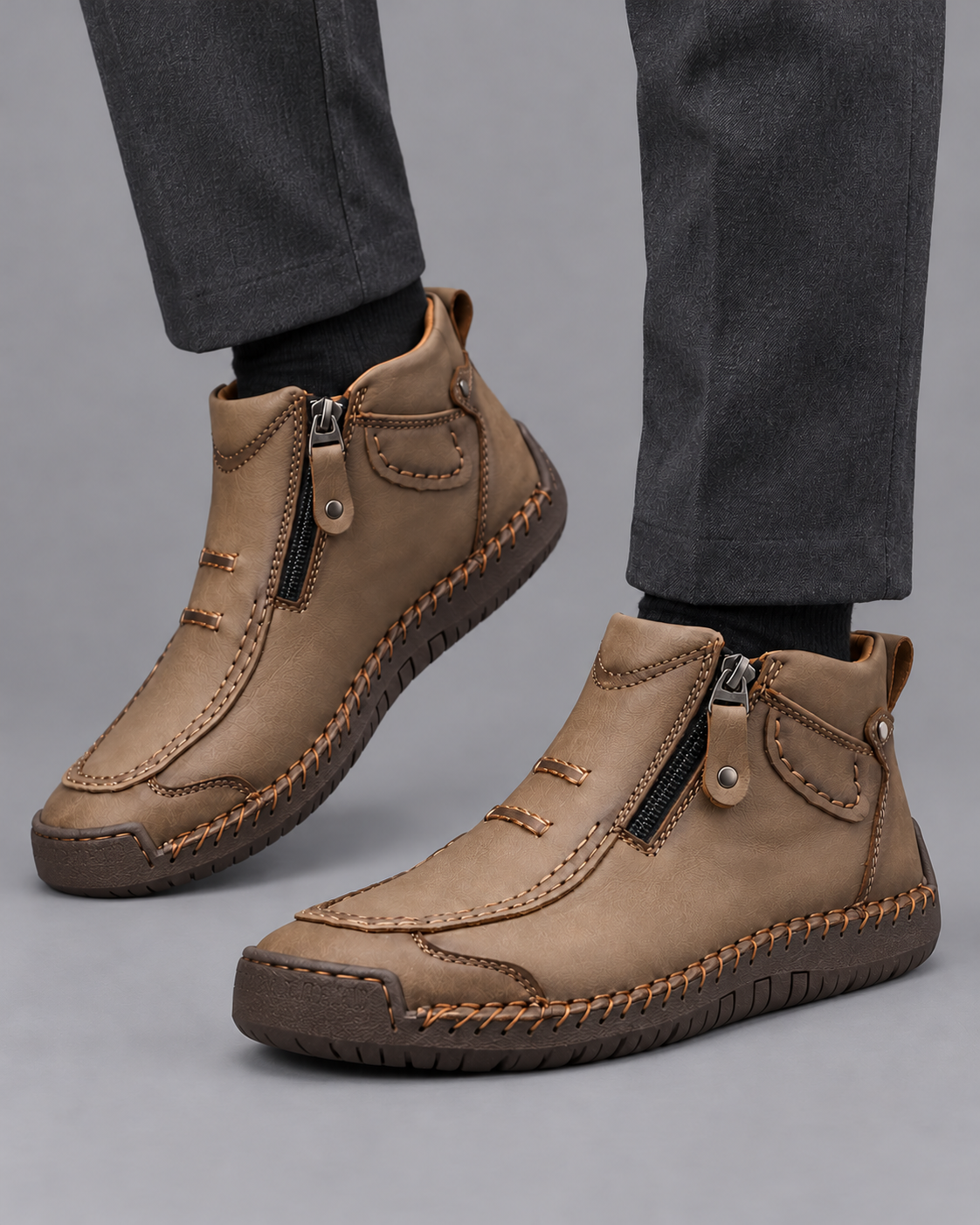 Men's Leather Boots - Side Zip Ergonomic Padded Insole Smart Casual - Khaki - front view