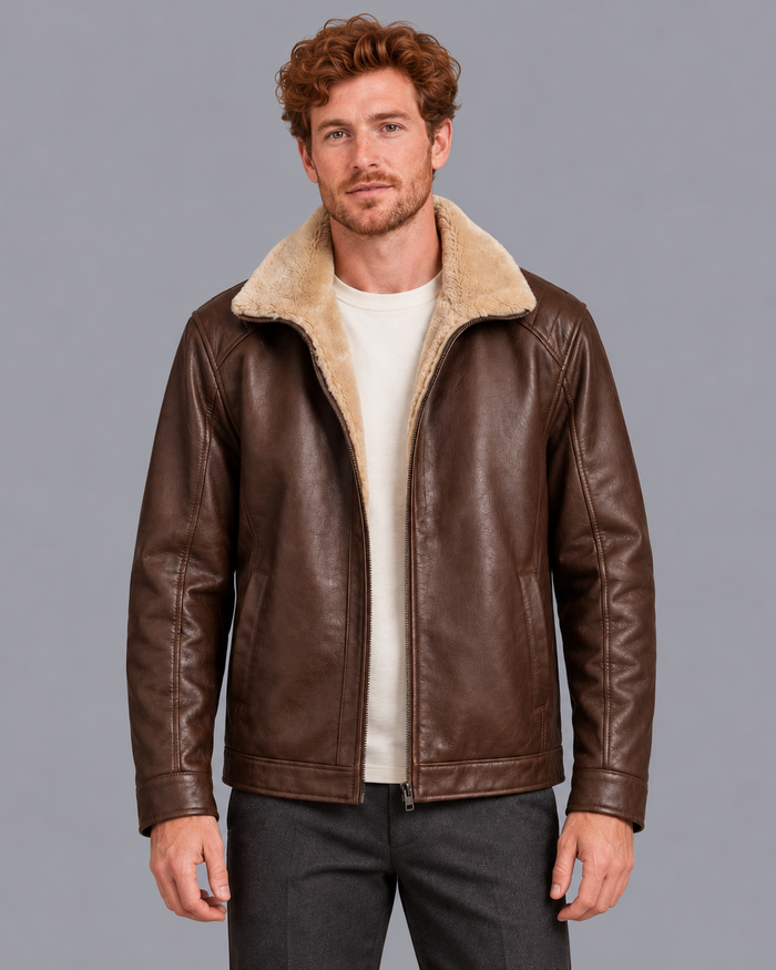 Men's Leather Jacket - Full Grain Lapel Collar Tailored Fit - Brown - front view