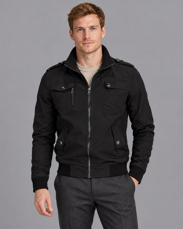 Men's Lightweight Bomber Jacket - Classic Casual Layering Jacket - Black - front view