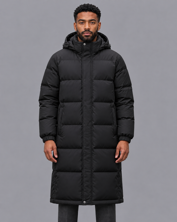 Men's Long Puffer Coat - Hooded Padded Polyester Winter Parka - Black - front view