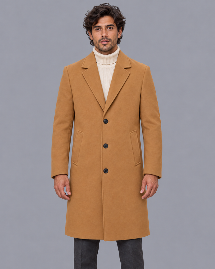 Men's Overcoat - Classic Lapel Tailored Fit Button Front Winter - Khaki - front view