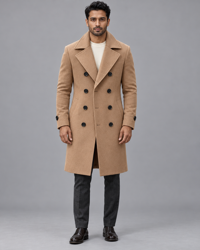 Men's Overcoat - Long Double Breasted Wide Lapel Tailored Winter Coat - Camel - front view