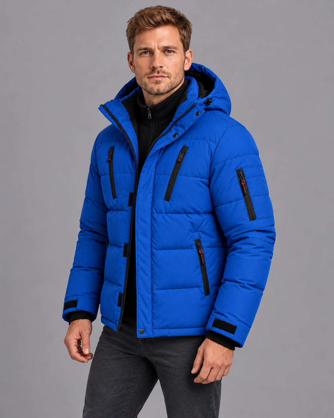 Men's Padded Jacket - Thick Lined Zip Front Warm Winter Coat - Blue - three-quarter view