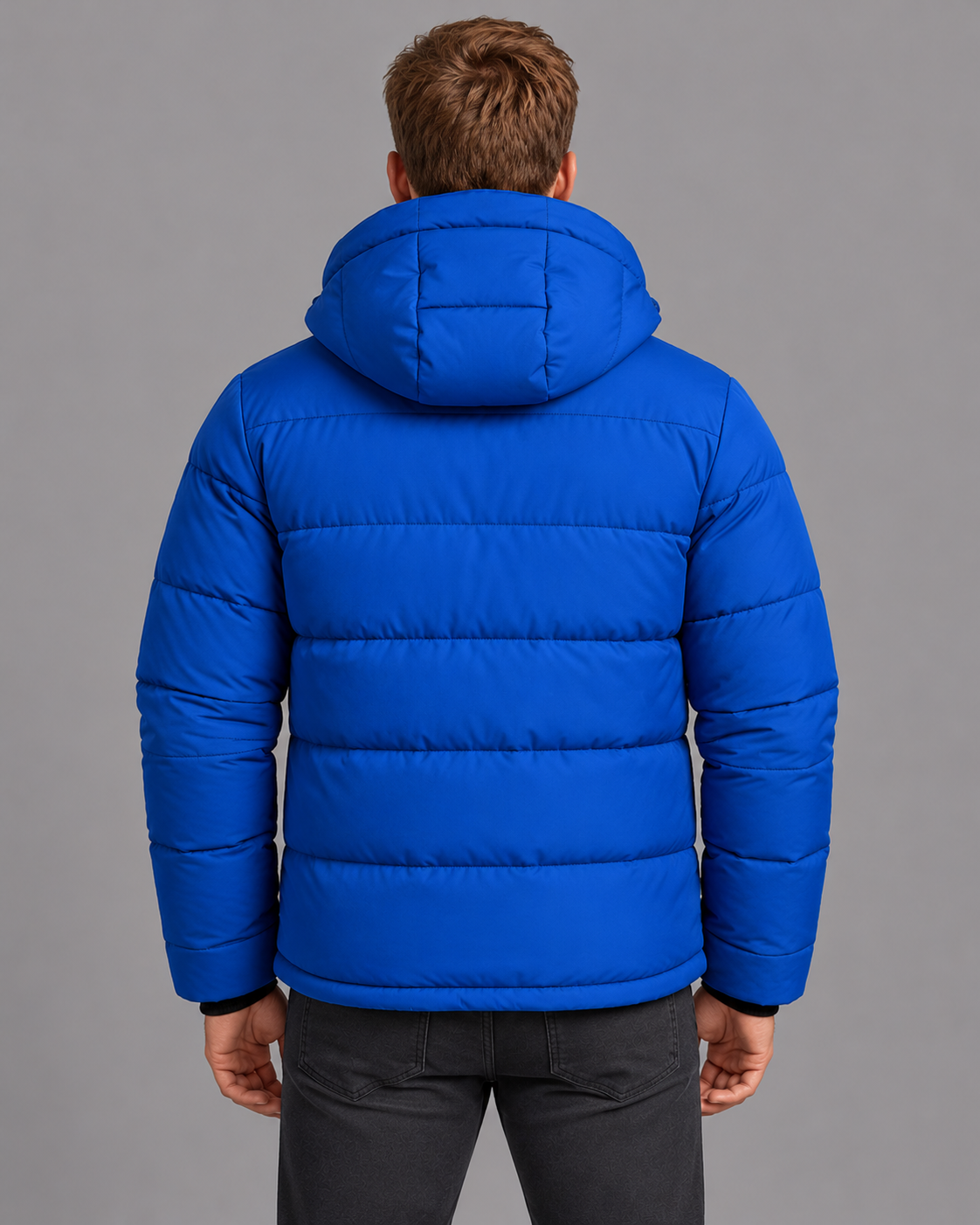 Men's Padded Jacket - Thick Lined Zip Front Warm Winter Coat - Blue - back view