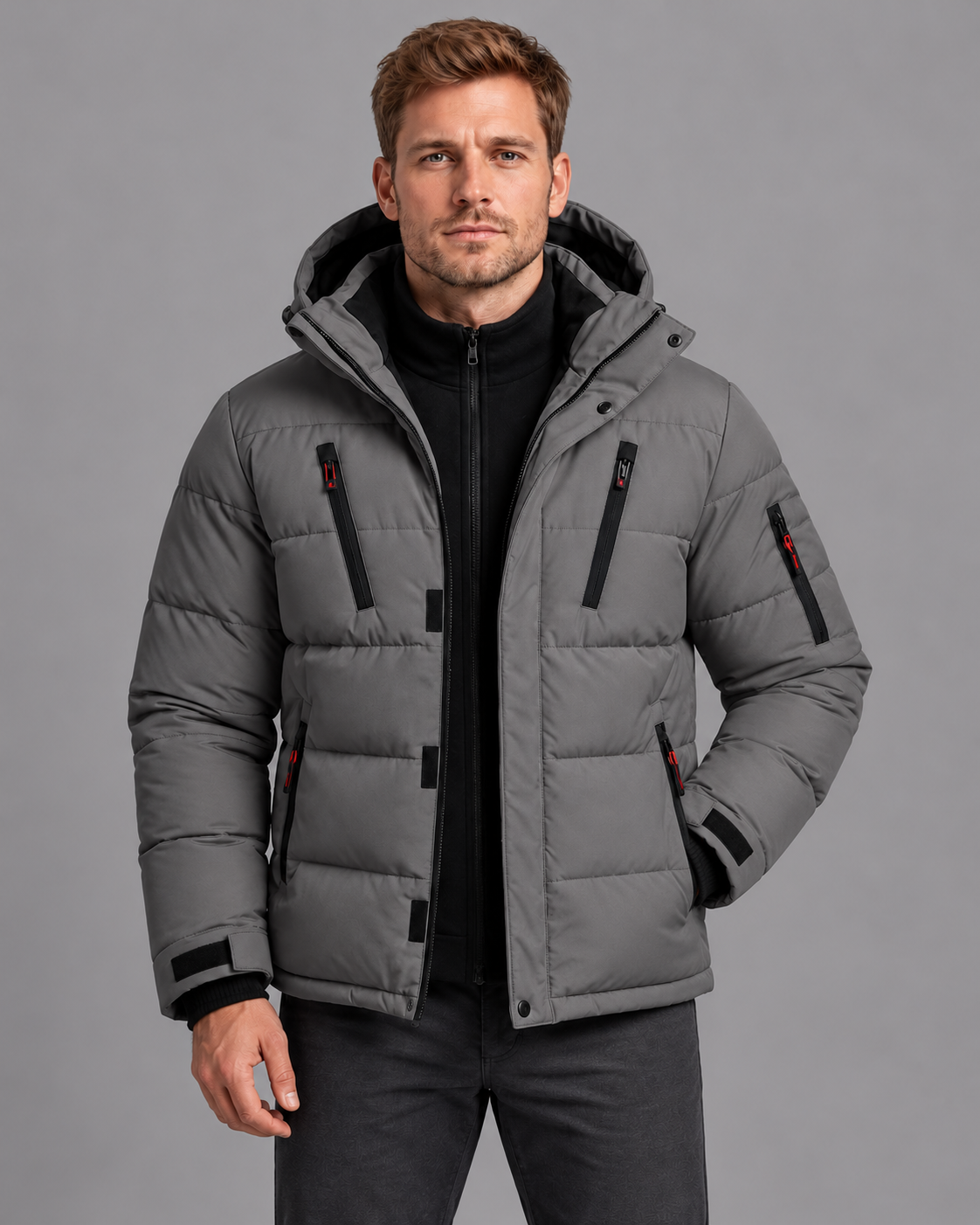 Men's Padded Jacket - Thick Lined Zip Front Warm Winter Coat - Grey - front view