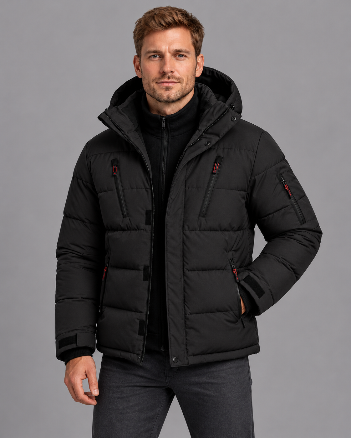Men's Padded Jacket - Thick Lined Zip Front Warm Winter Coat - Black - front view