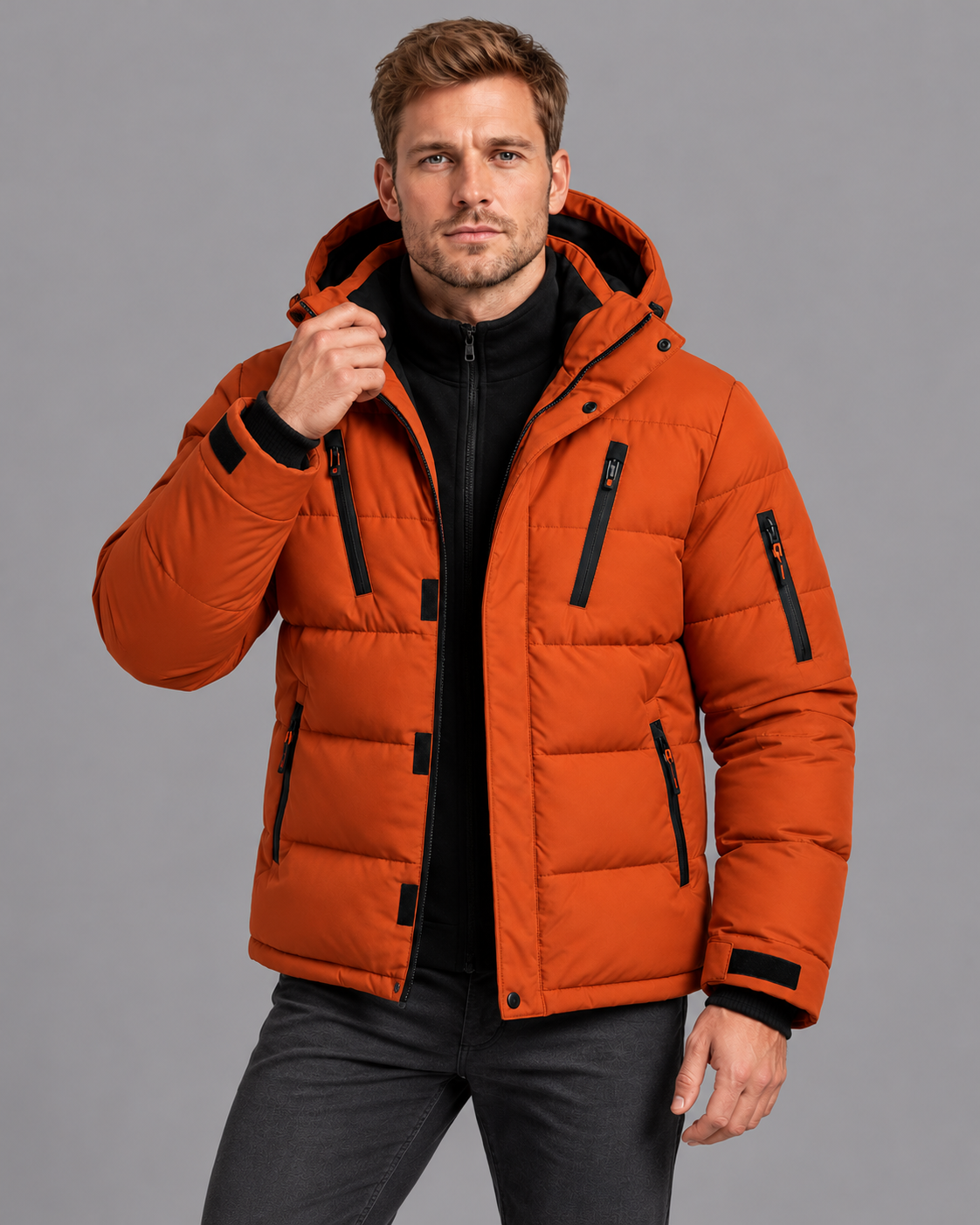 Men's Padded Jacket - Thick Lined Zip Front Warm Winter Coat - Orange - front view