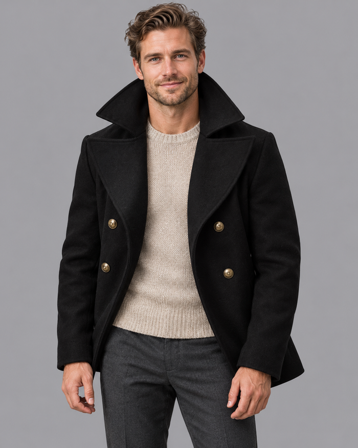 Men's Pea Coat - Wool Double Breasted Smart Winter Coat Pockets - Black - front view