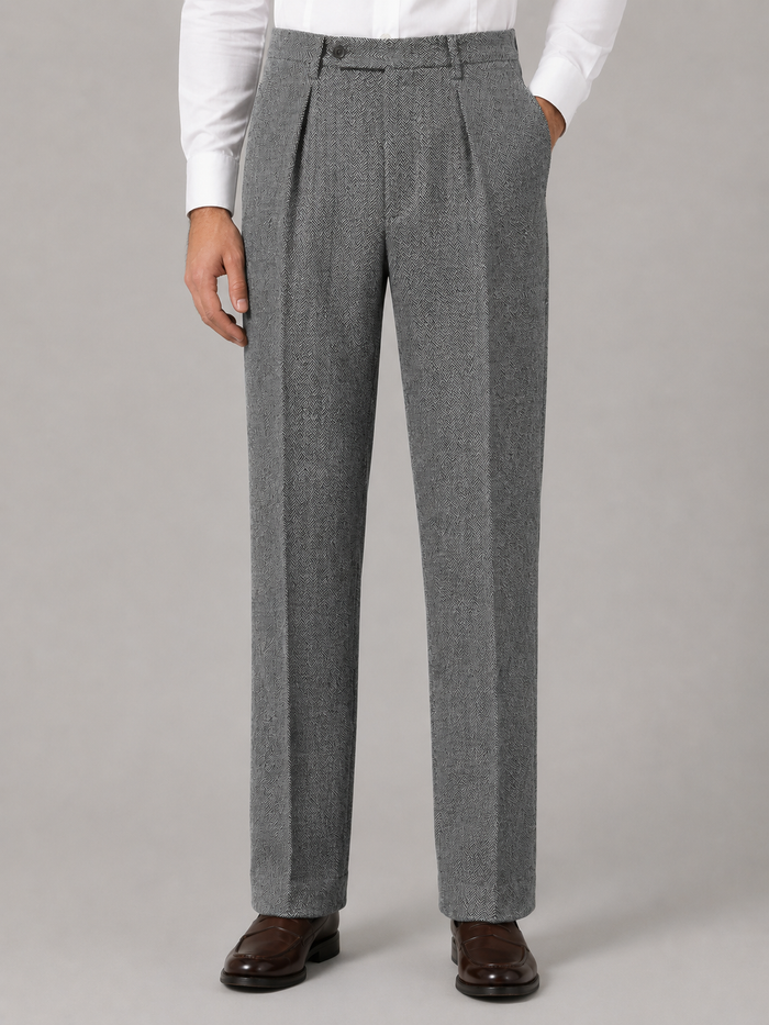 Men's herringbone pleated trousers in grey, front view