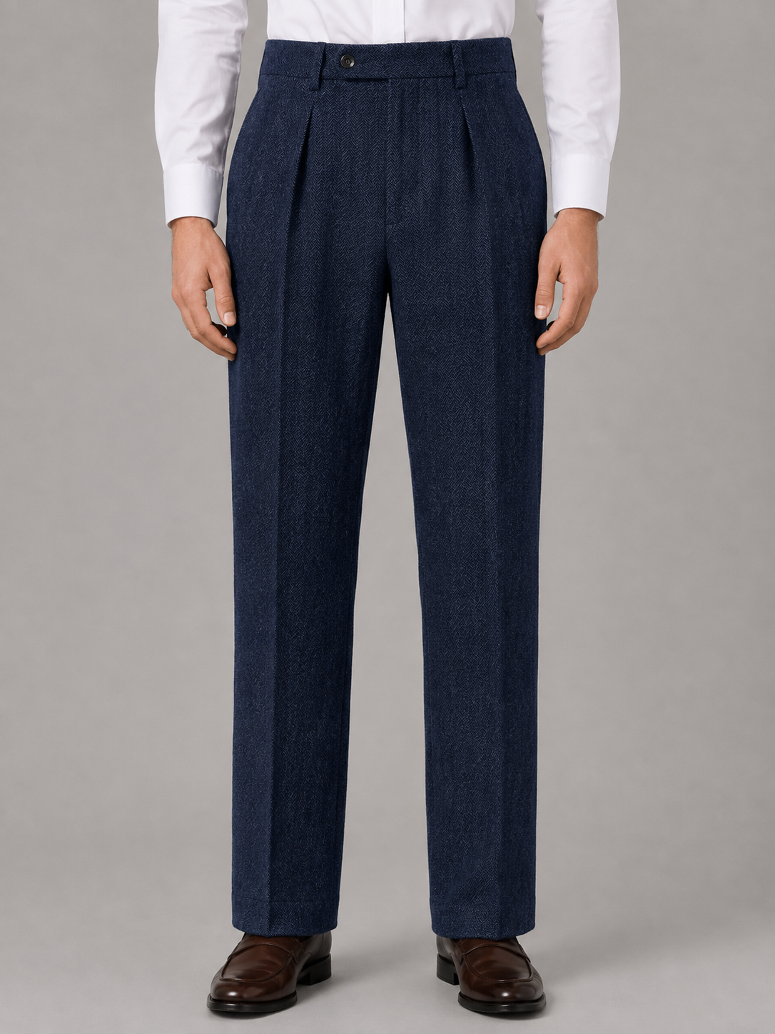 Men's herringbone pleated trousers in navy, front view
