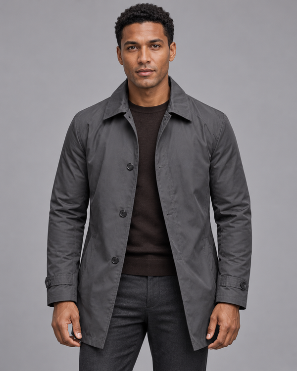 Men's Quilted Coat - Button Front Lined Water Resistant Smart Casual - Grey - front view