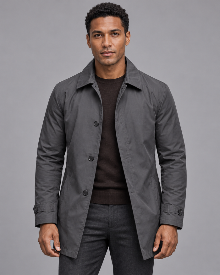 Men's Quilted Coat - Button Front Lined Water Resistant Smart Casual - Grey - front view