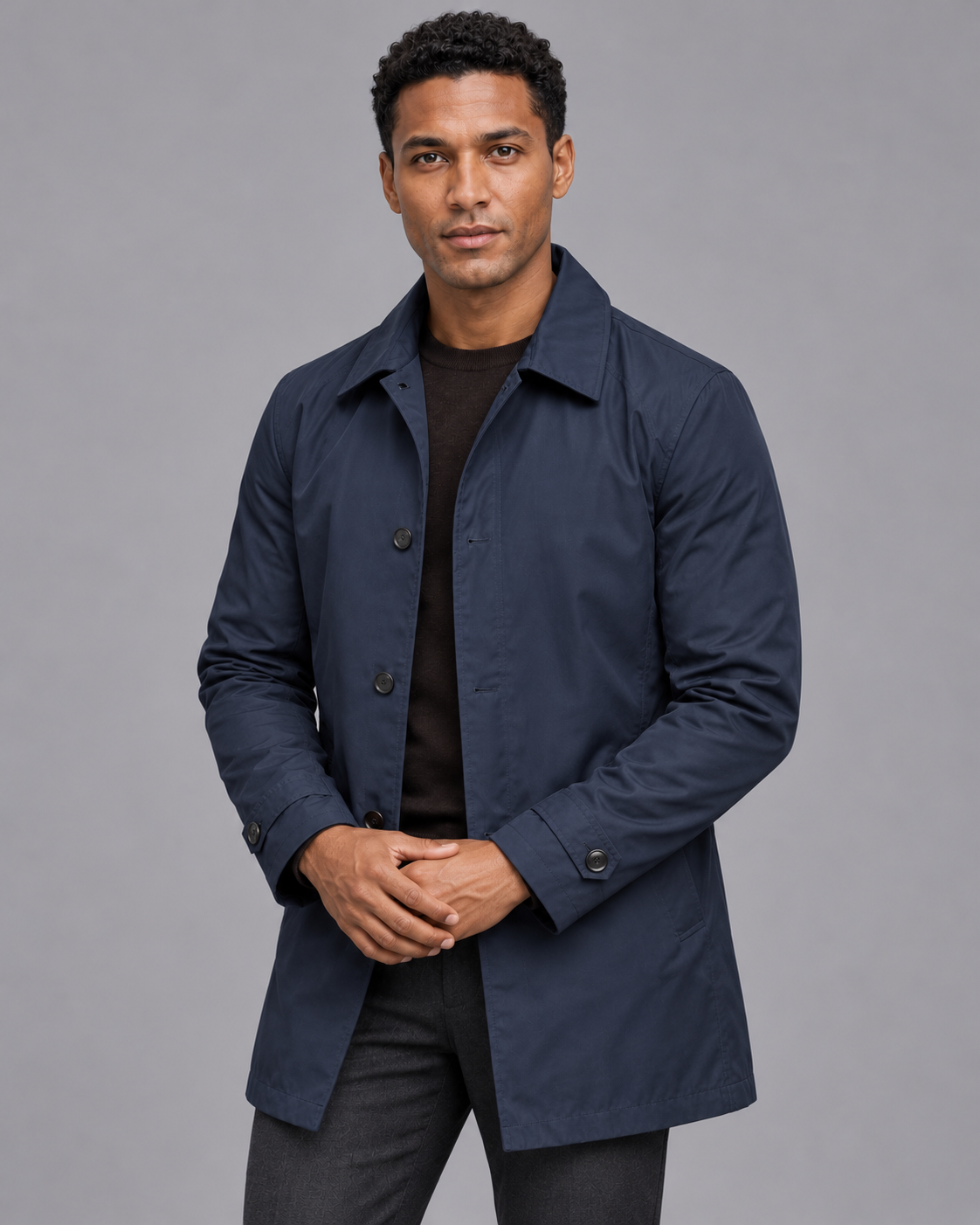 Men's Quilted Coat - Button Front Lined Water Resistant Smart Casual - Navy - front view