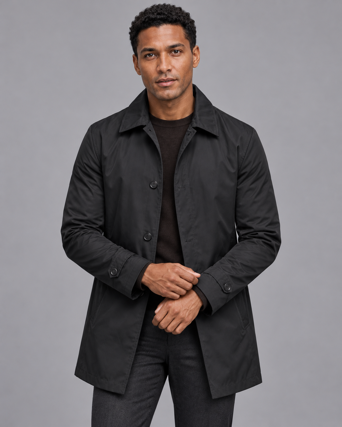 Men's Quilted Coat - Button Front Lined Water Resistant Smart Casual - Black - front view