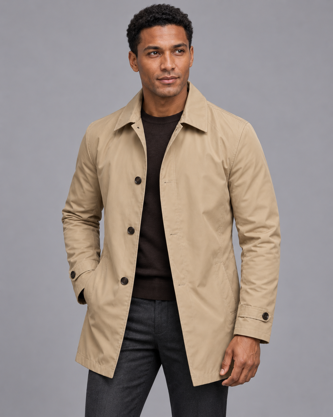 Men's Quilted Coat - Button Front Lined Water Resistant Smart Casual - Beige - front view