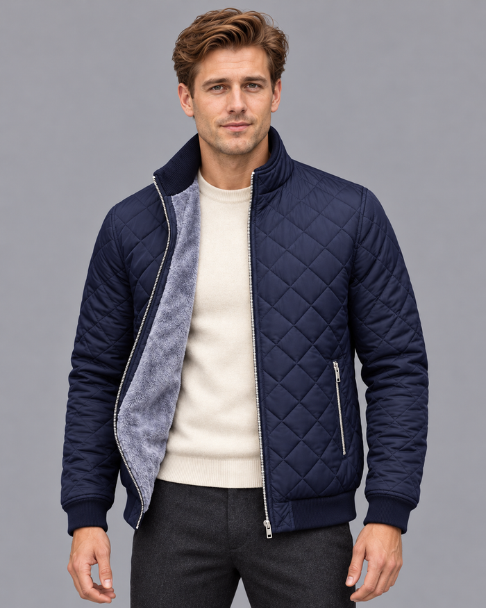 Men's Quilted Jacket - Fleece Lined Slim Structured Smart Casual - Navy - front view