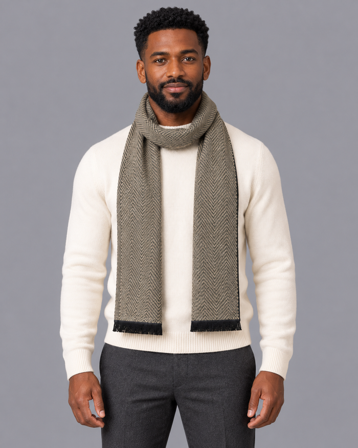 Men's Scarf - Soft Touch Fine Woven Pattern Long Classic Winter Wrap - Khaki - front view