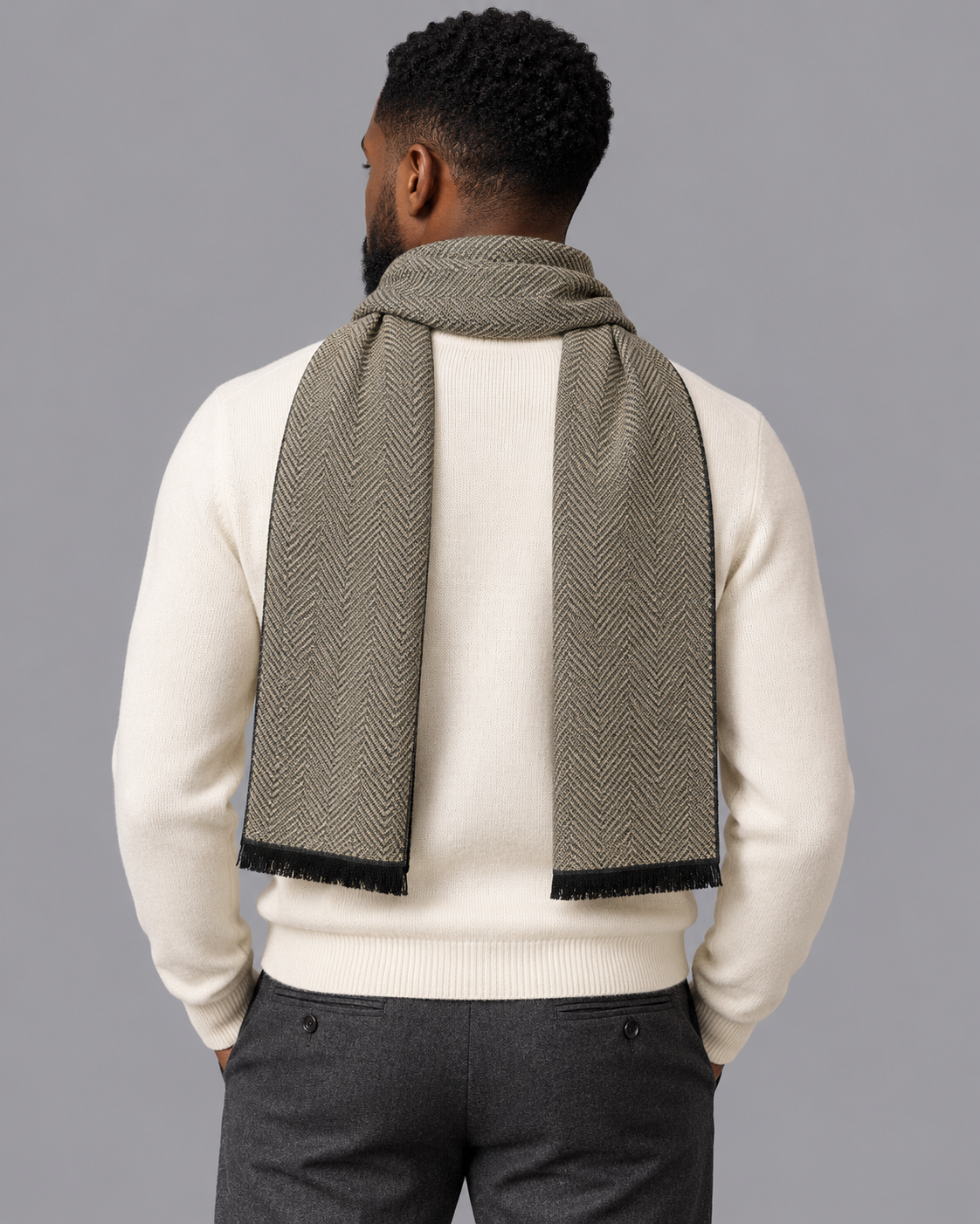 Men's Scarf - Soft Touch Fine Woven Pattern Long Classic Winter Wrap - Khaki - back view
