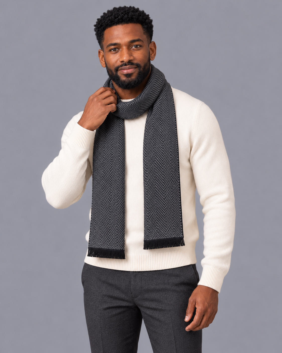 Men's Scarf - Soft Touch Fine Woven Pattern Long Classic Winter Wrap - Black - front view