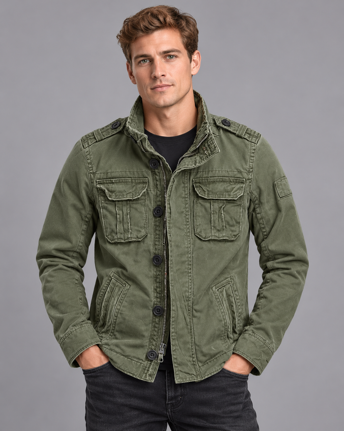 Men's Utility Jacket - Multi Pocket Long Sleeve Classic Casual Layer - Olive - front close-up