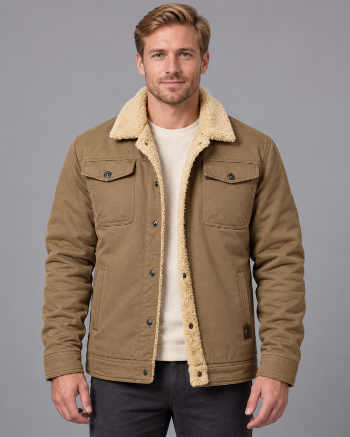 Men's Winter Coat - Fleece Lined Button Front Collar Multi Pocket - Khaki - front main