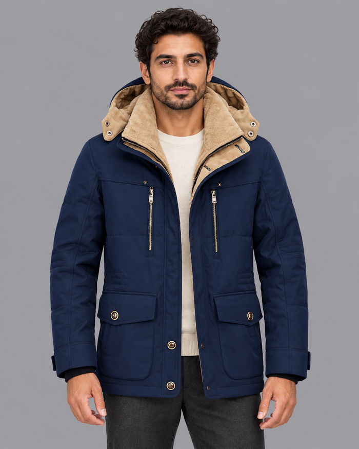 Men's Winter Coat - Hooded Padded Insulated Deep Pocket Parka - Blue - front view