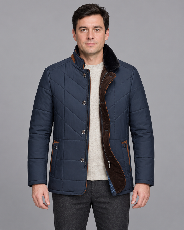 Men's Winter Jacket - Water Repellent Lined Adjustable Waist Pockets - Blue - front view