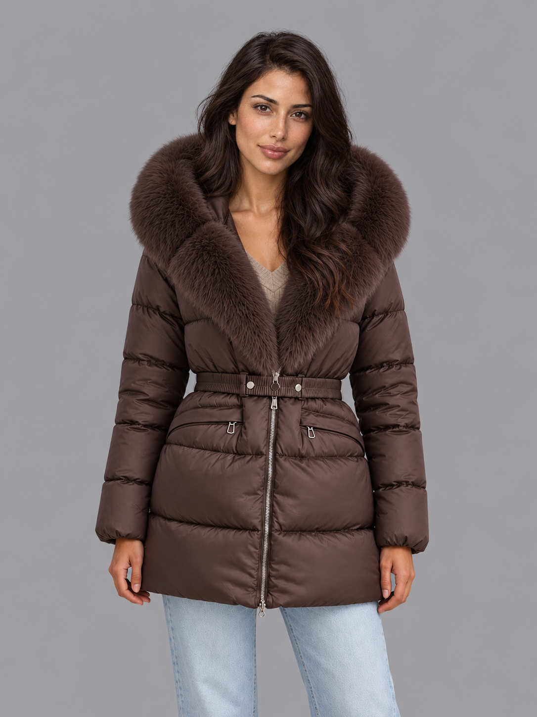 Women's Hooded Puffer Jacket - Belted Faux Fur Trim Padded Coat