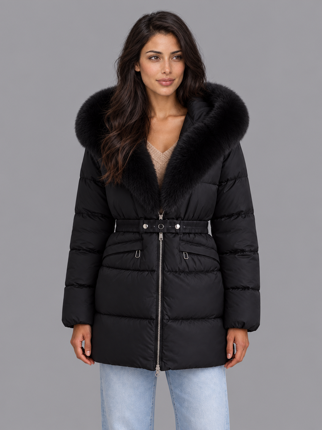 Women's Hooded Puffer Jacket - Belted Faux Fur Trim Padded Coat