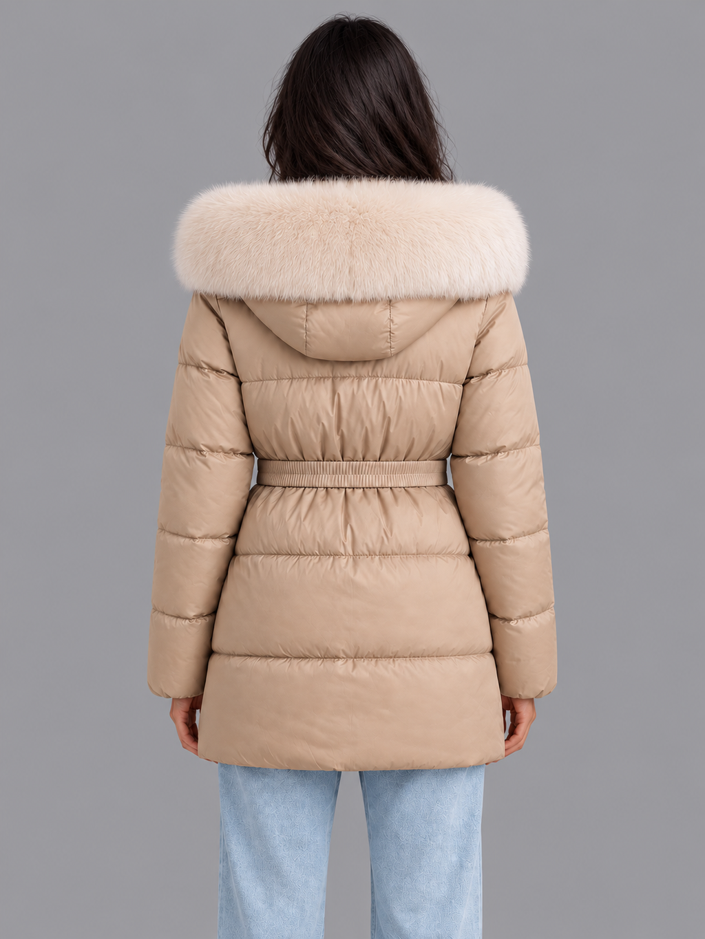 Women's Hooded Puffer Jacket - Belted Faux Fur Trim Padded Coat