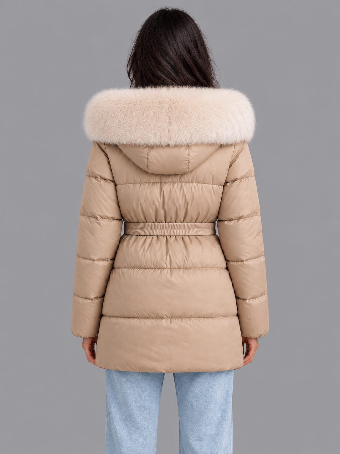 Women's Hooded Puffer Jacket - Belted Faux Fur Trim Padded Coat