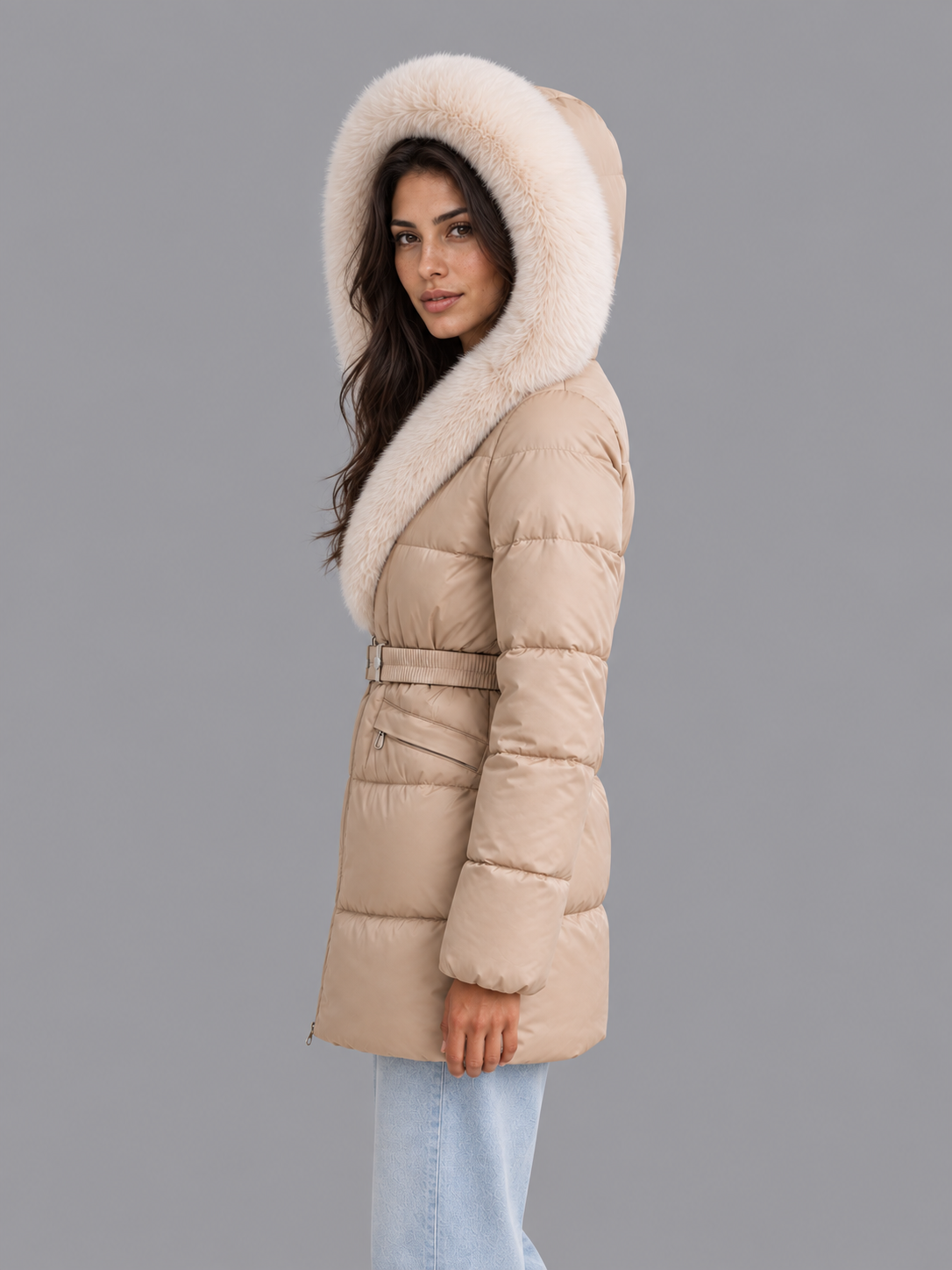 Women's Hooded Puffer Jacket - Belted Faux Fur Trim Padded Coat