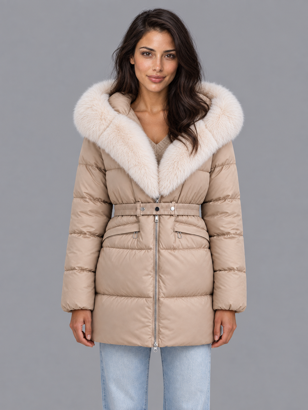 Women's Hooded Puffer Jacket - Belted Faux Fur Trim Padded Coat