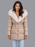 Women's Hooded Puffer Jacket - Belted Faux Fur Trim Padded Coat