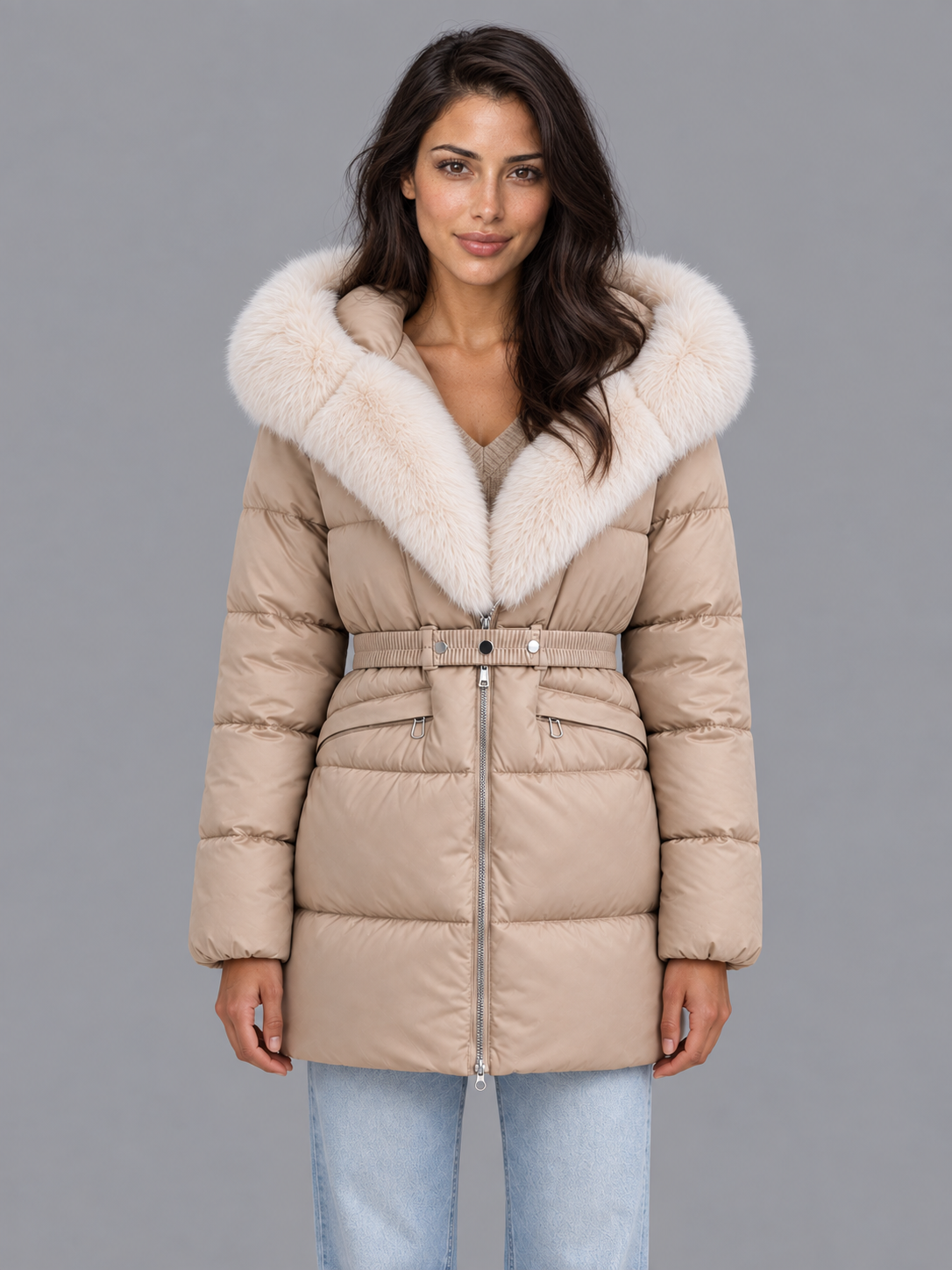 Women's Hooded Puffer Jacket - Belted Faux Fur Trim Padded Coat