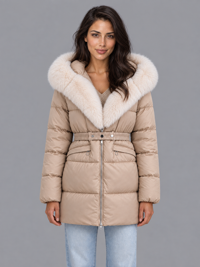 Women's Hooded Puffer Jacket - Belted Faux Fur Trim Padded Coat