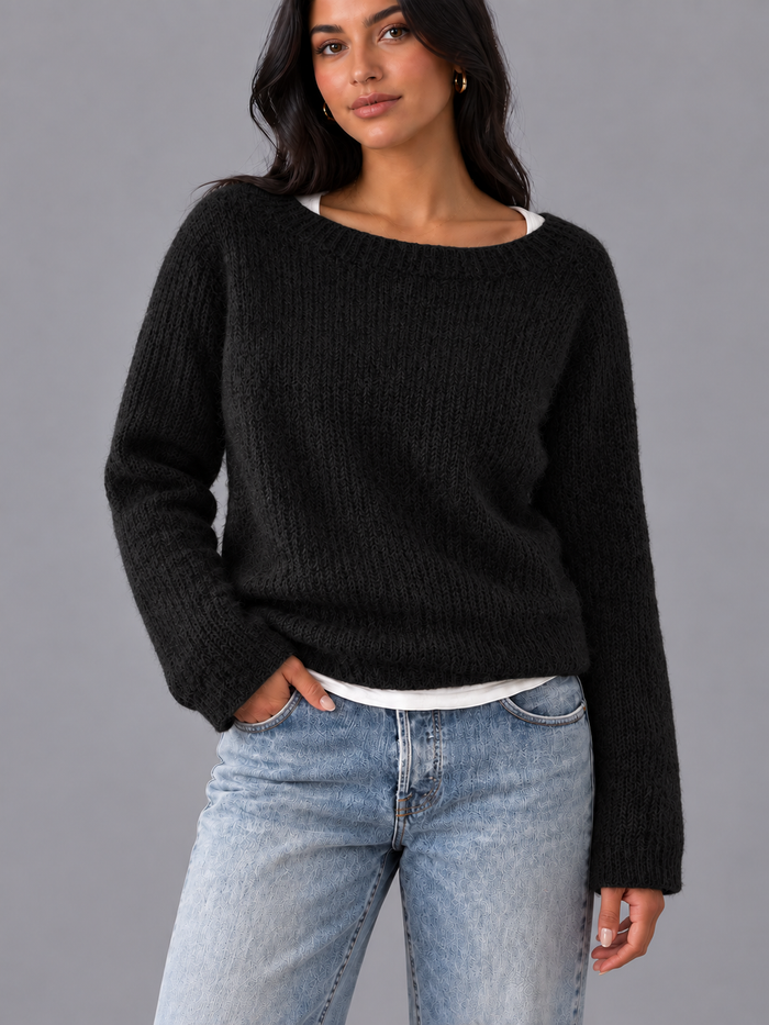 Women's Boat Neck Jumper - Relaxed Fit Textured Knit Long Sleeve