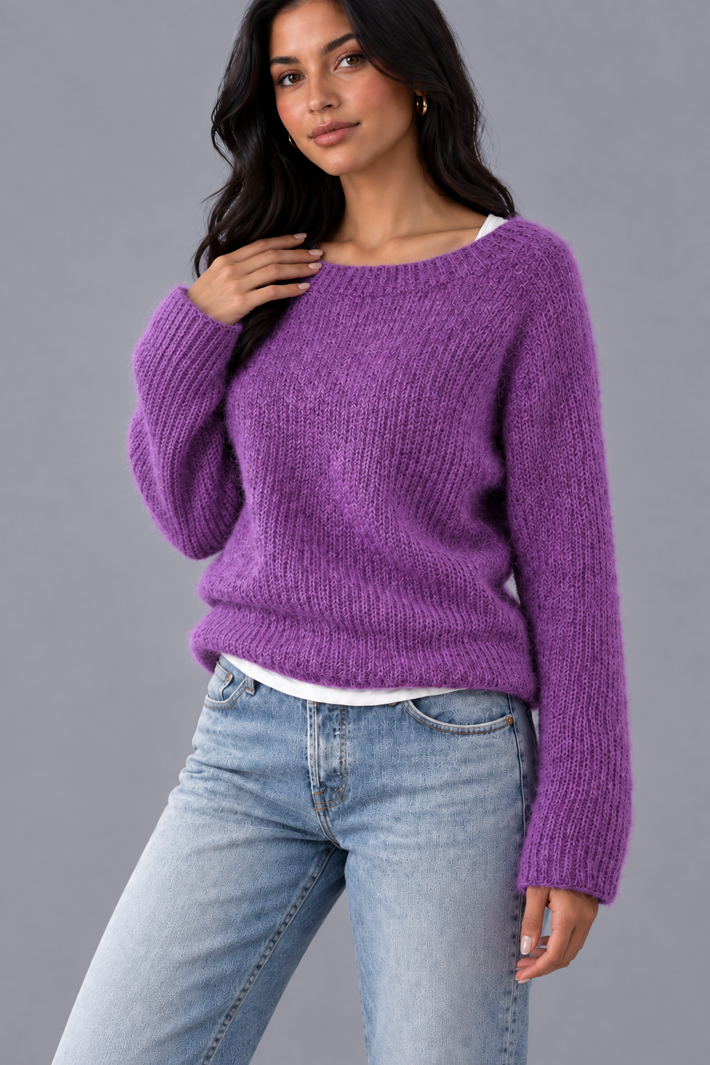 Women's Boat Neck Jumper - Relaxed Fit Textured Knit Long Sleeve