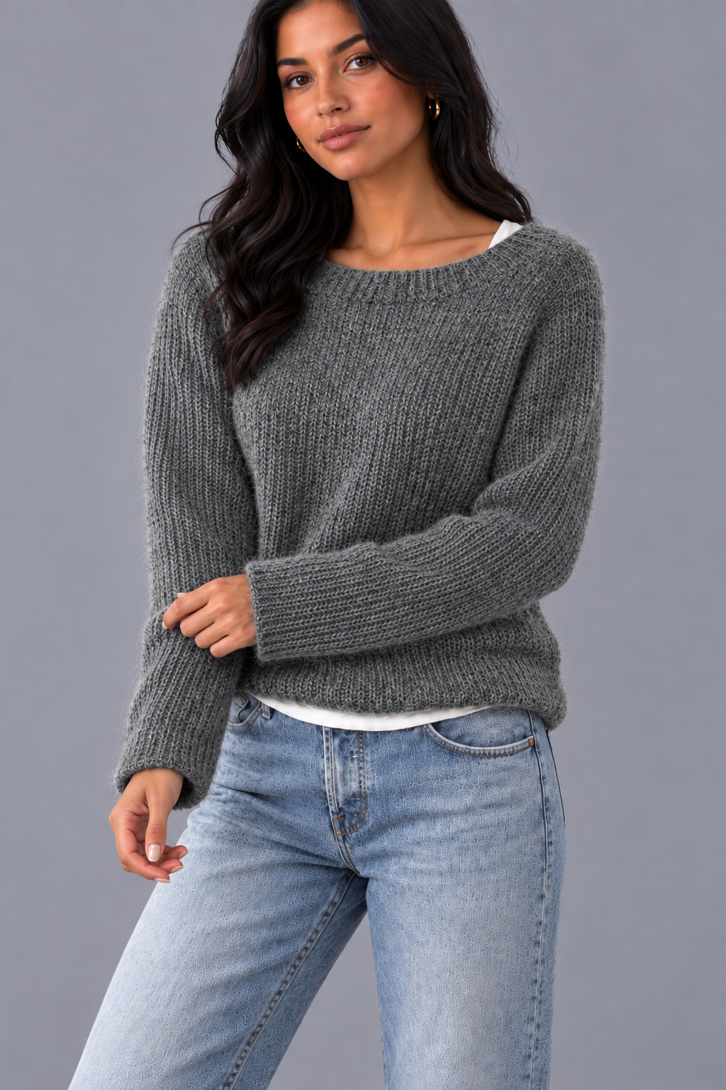 Women's Boat Neck Jumper - Relaxed Fit Textured Knit Long Sleeve