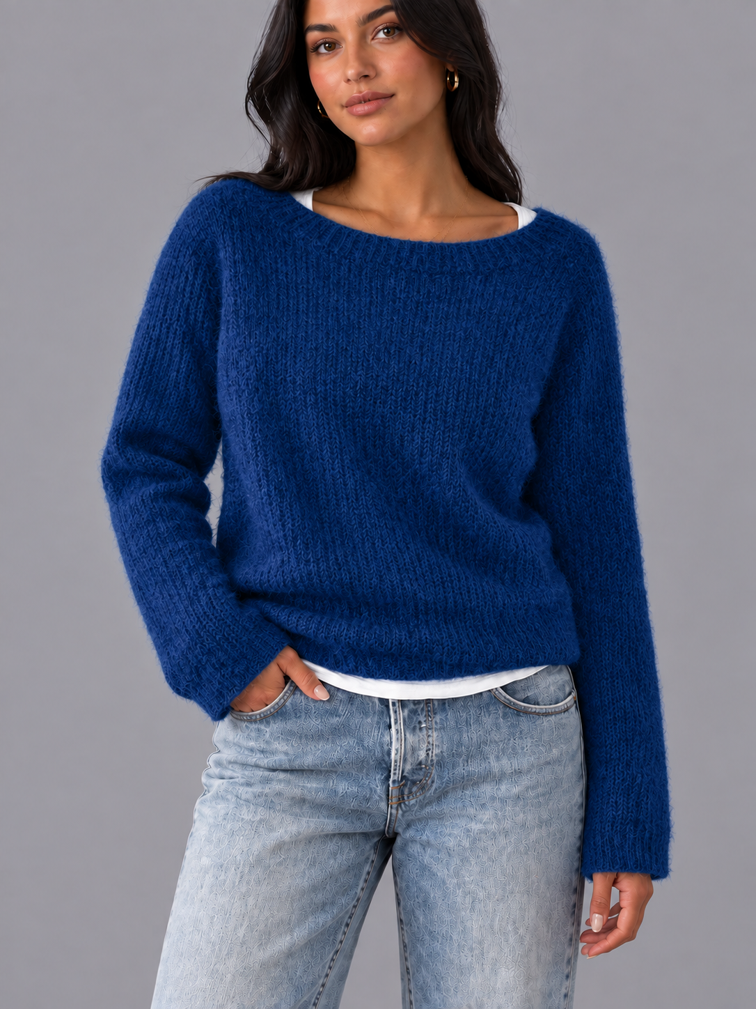 Women's Boat Neck Jumper - Relaxed Fit Textured Knit Long Sleeve