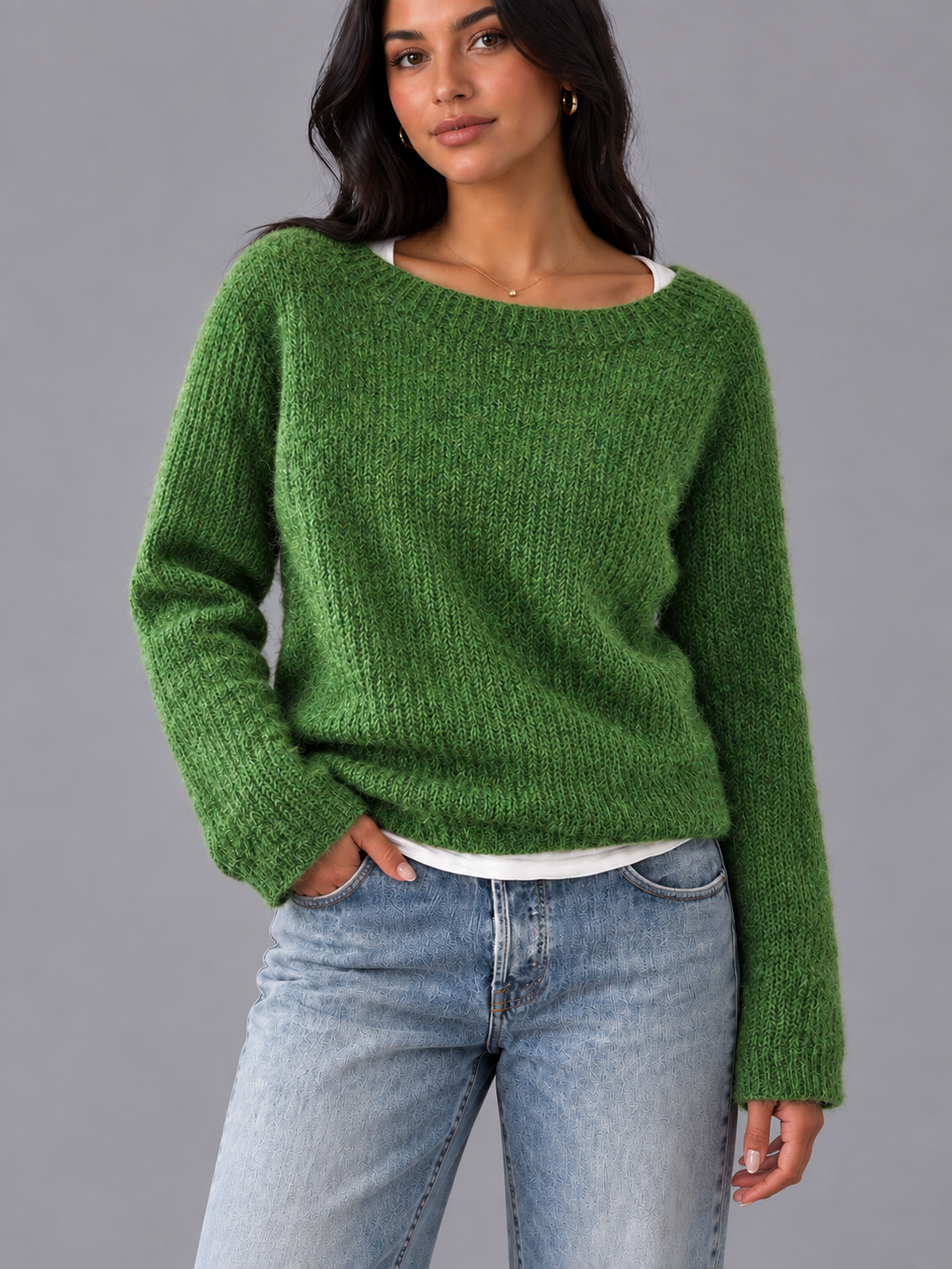 Women's Boat Neck Jumper - Relaxed Fit Textured Knit Long Sleeve