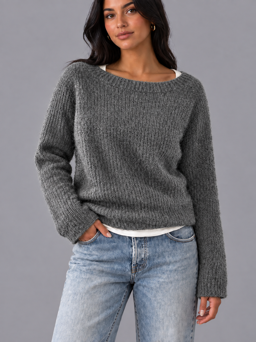 Women's Boat Neck Jumper - Relaxed Fit Textured Knit Long Sleeve